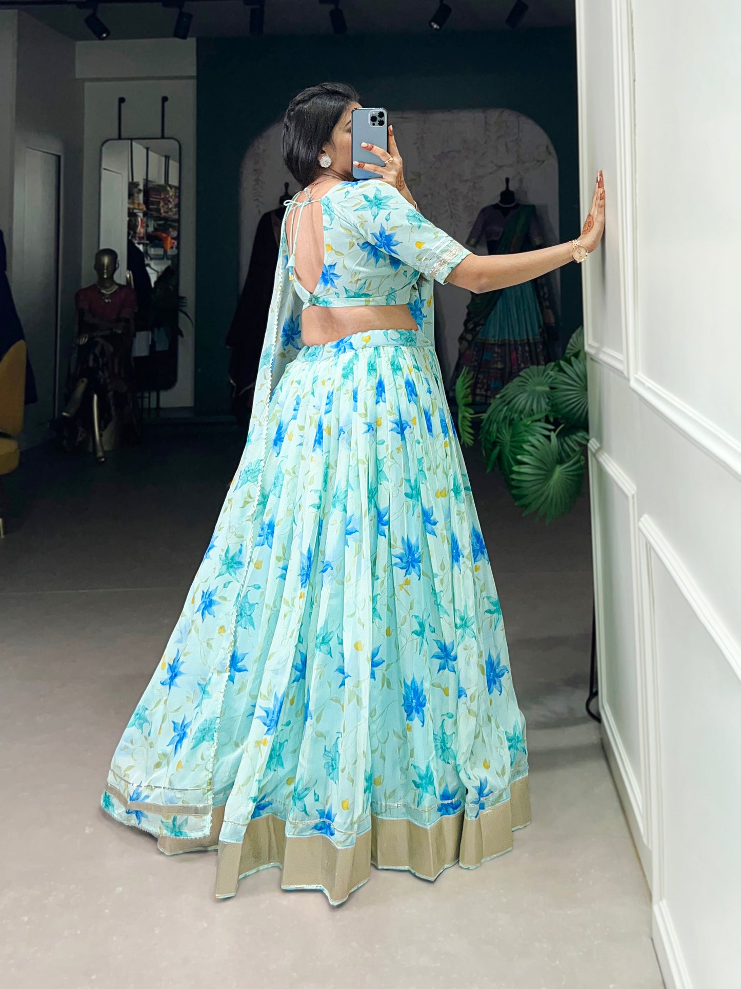 New Tabby Silk Floral Print Lehenga Choli (Skyblue)