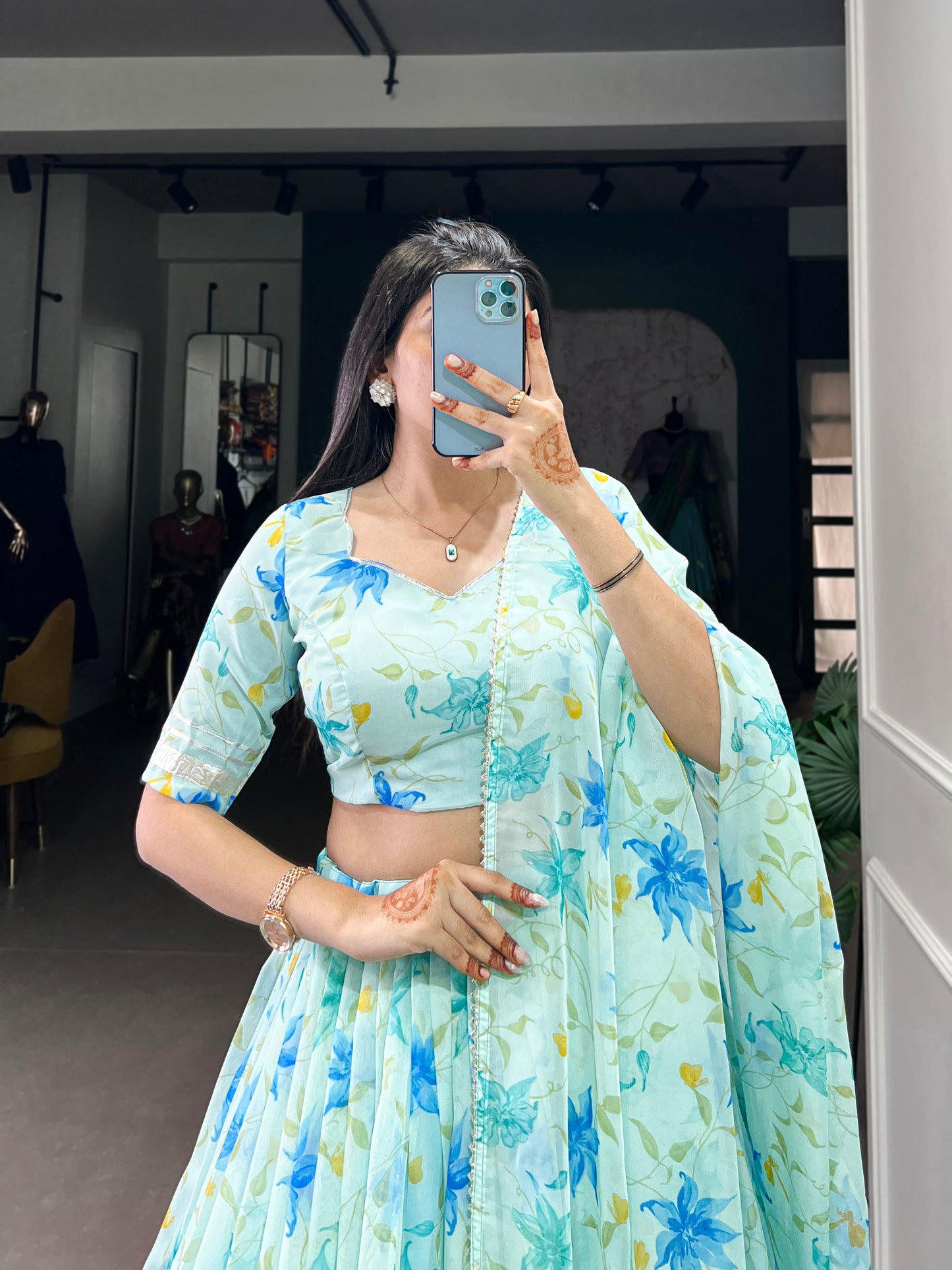 New Tabby Silk Floral Print Lehenga Choli (Skyblue)