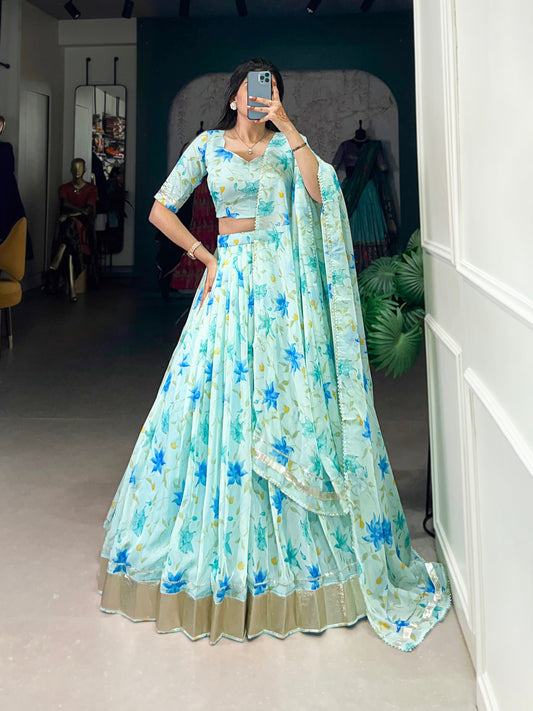 New Tabby Silk Floral Print Lehenga Choli (Skyblue)
