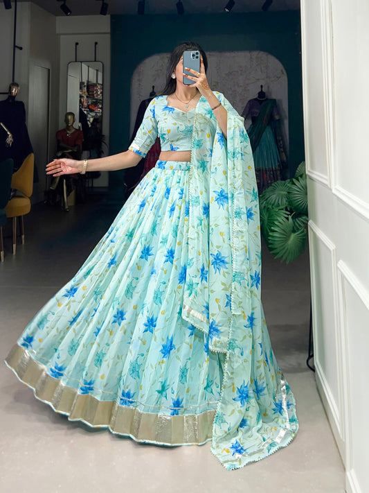New Tabby Silk Floral Print Lehenga Choli (Skyblue)