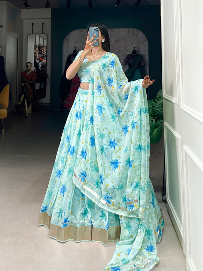 New Tabby Silk Floral Print Lehenga Choli (Skyblue)