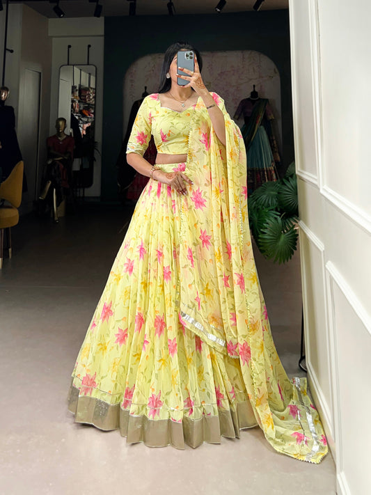 New Tabby Silk Floral Print Lehenga Choli (Yellow)