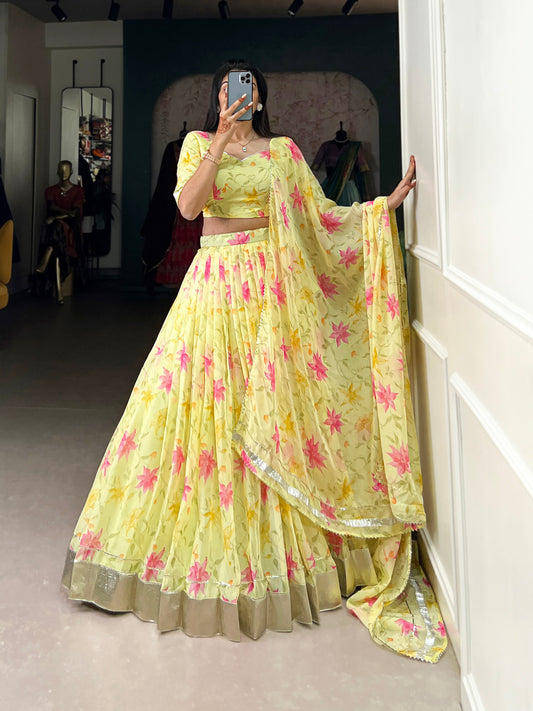 New Tabby Silk Floral Print Lehenga Choli (Yellow)
