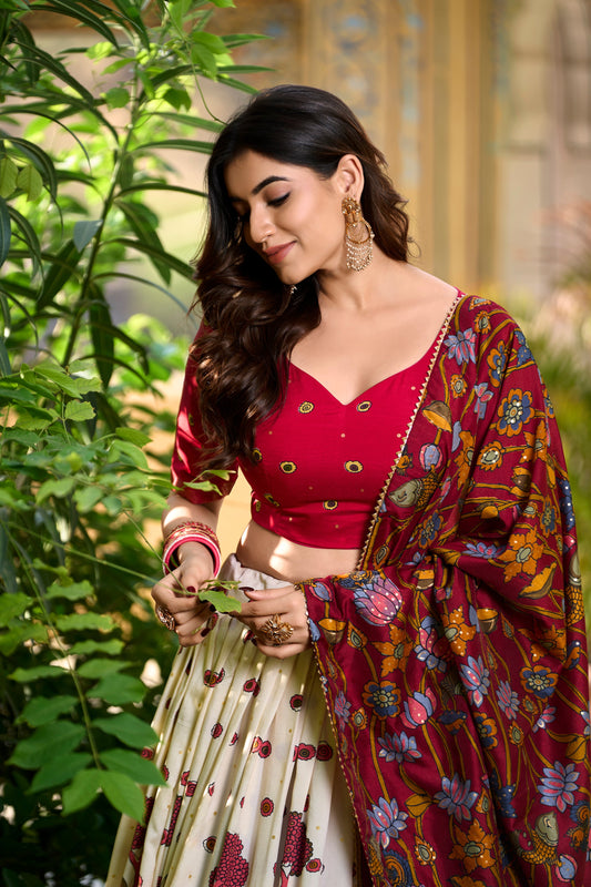Traditional Kalamkari Print White Color Lehenga Choli