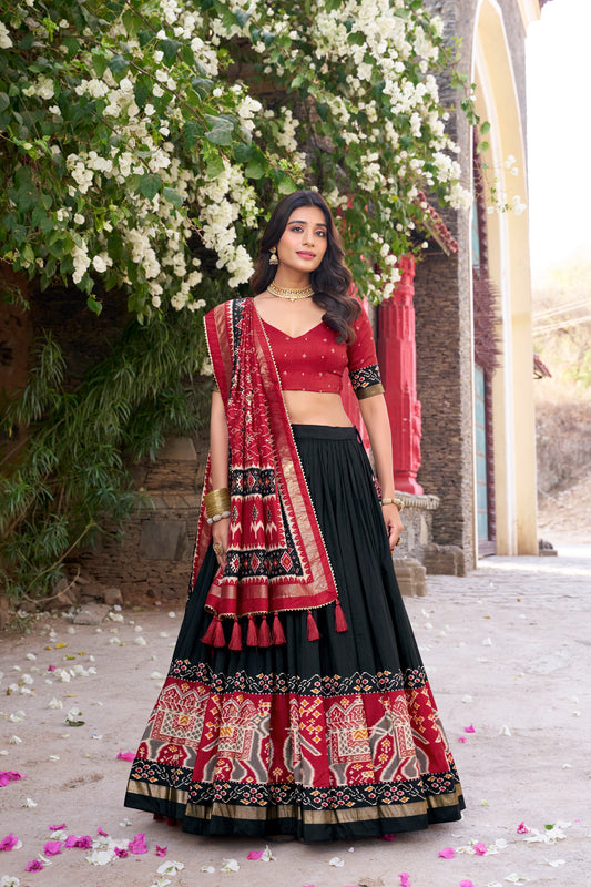 New Black Color Tussar Silk Patola Printed Lehenga Choli