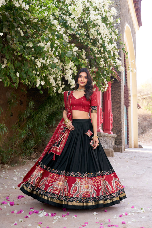 New Black Color Tussar Silk Patola Printed Lehenga Choli