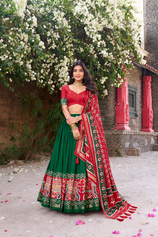 New Green Color Tussar Silk Patola Printed Lehenga Choli