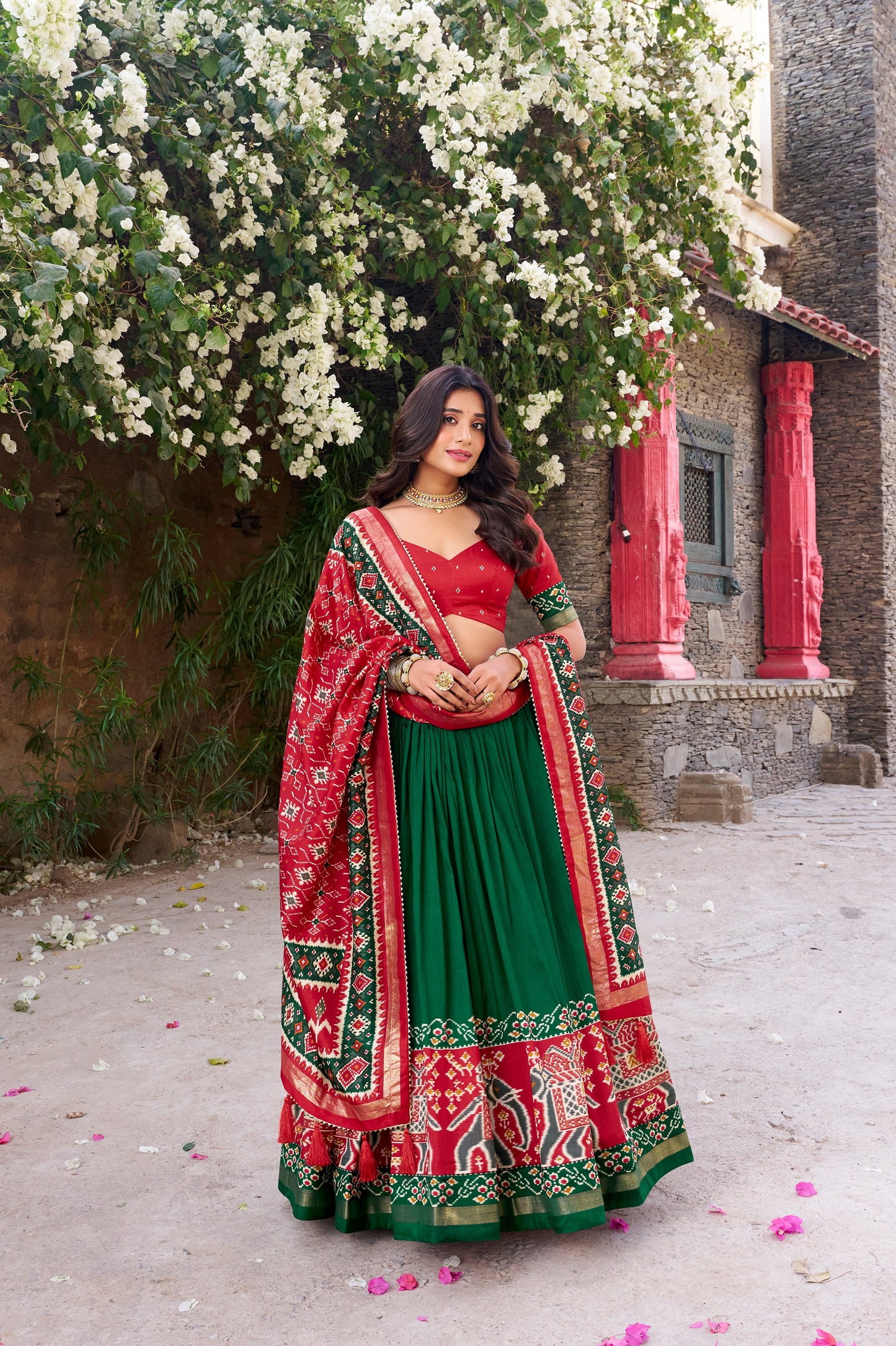 New Green Color Tussar Silk Patola Printed Lehenga Choli