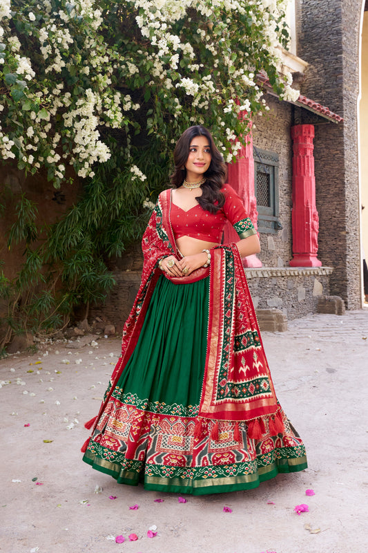 New Green Color Tussar Silk Patola Printed Lehenga Choli