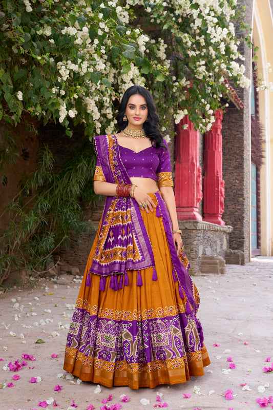 New Musterd Color Tussar Silk Patola Printed Lehenga Choli