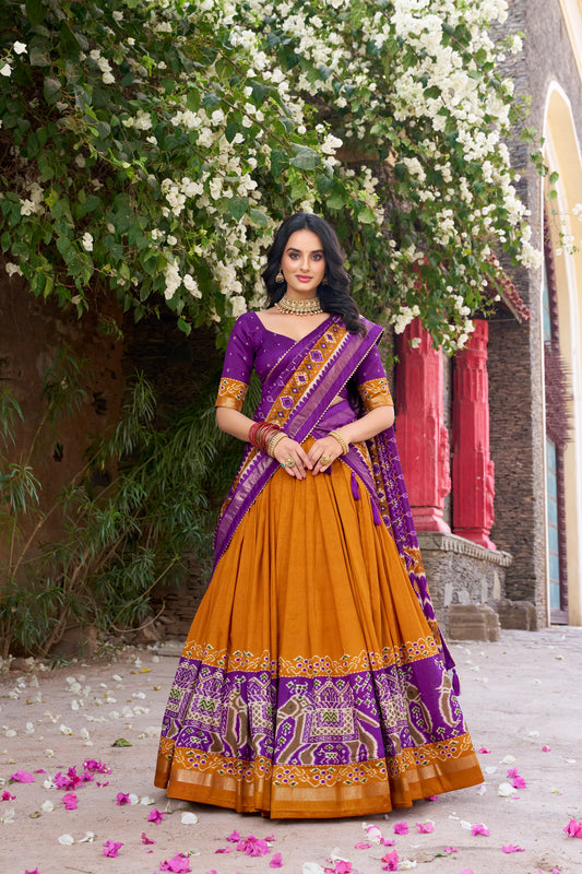 New Musterd Color Tussar Silk Patola Printed Lehenga Choli