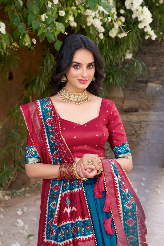 New Teal Color Tussar Silk Patola Printed Lehenga Choli