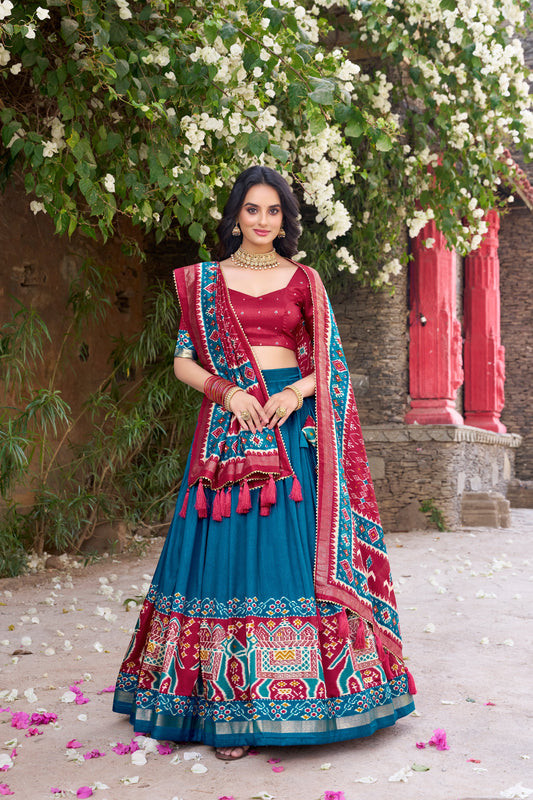 New Teal Color Tussar Silk Patola Printed Lehenga Choli