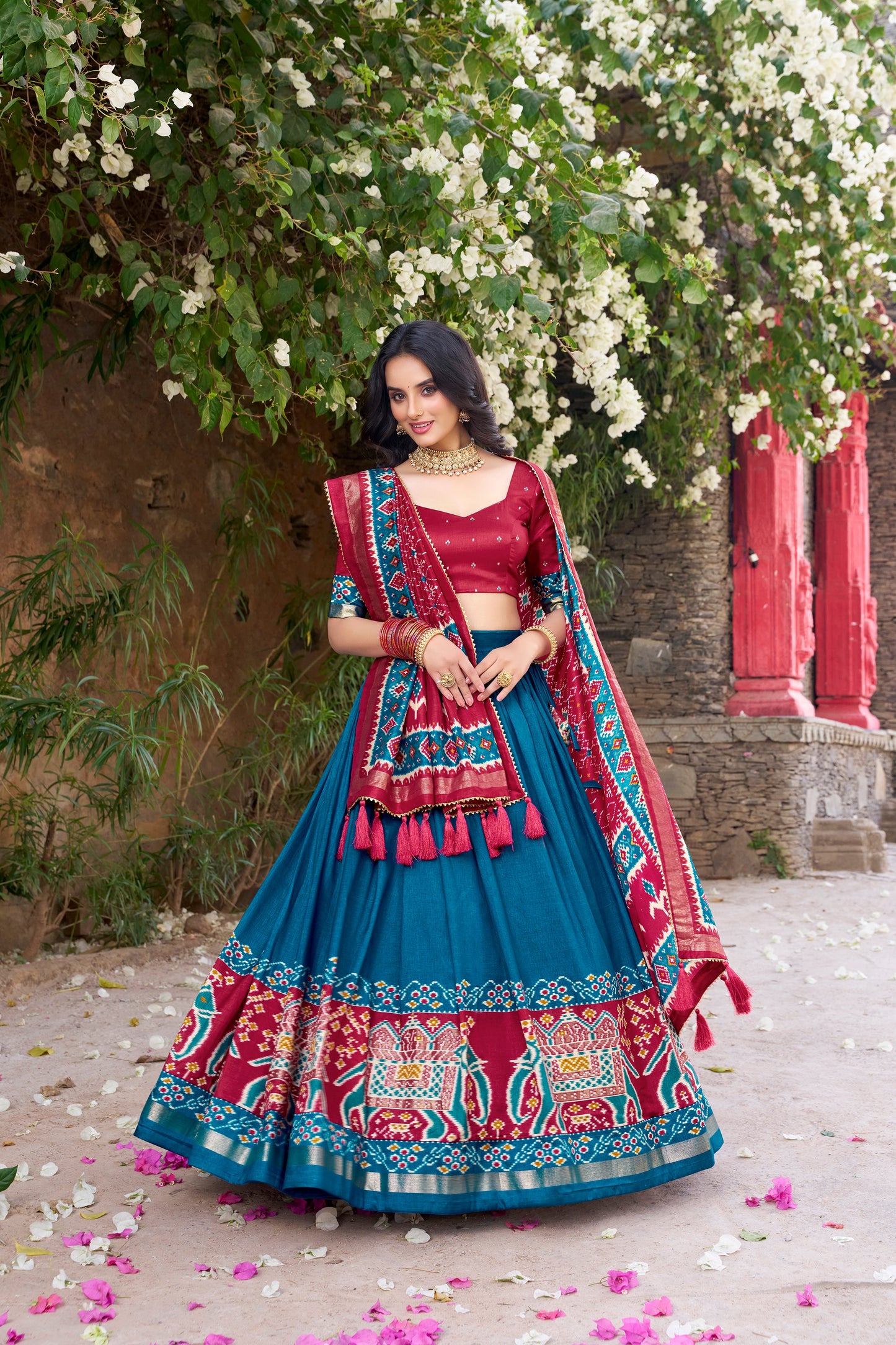 New Teal Color Tussar Silk Patola Printed Lehenga Choli