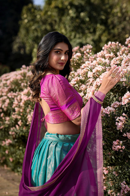 New Aqua Color Kanchipuram Silk Traditional Lehenga Choli