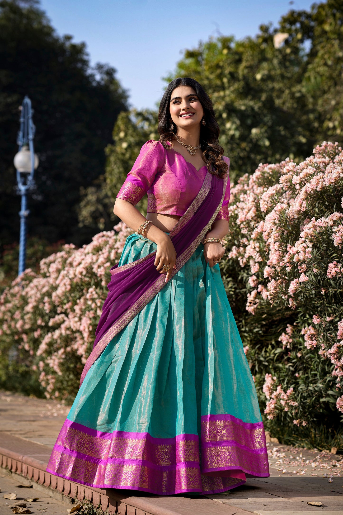 New Aqua Color Kanchipuram Silk Traditional Lehenga Choli