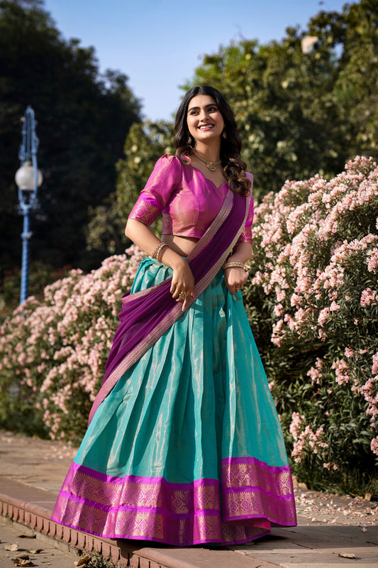 New Aqua Color Kanchipuram Silk Traditional Lehenga Choli