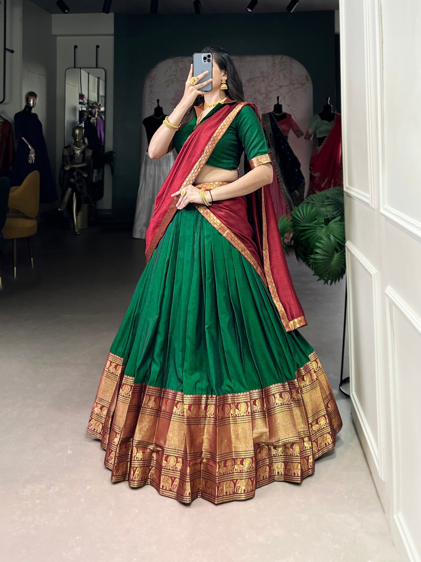 Green Color Zari Weaving Work Traditional Lehenga Choli