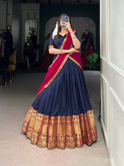 Navy Blue Color Zari Weaving Work Traditional Lehenga Choli