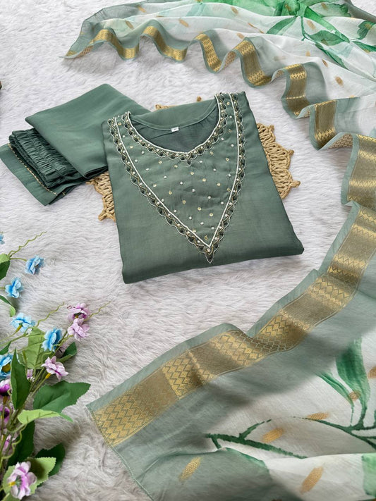 Grey Color Roman Silk Handwork Kurti Pant Set