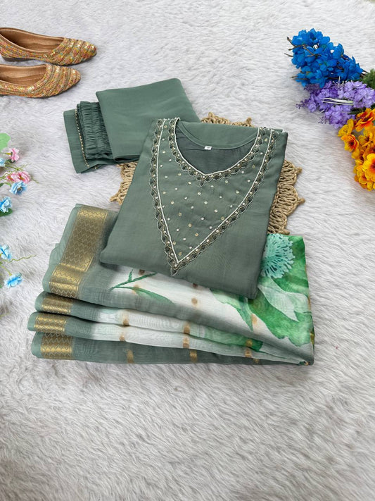 Grey Color Roman Silk Handwork Kurti Pant Set
