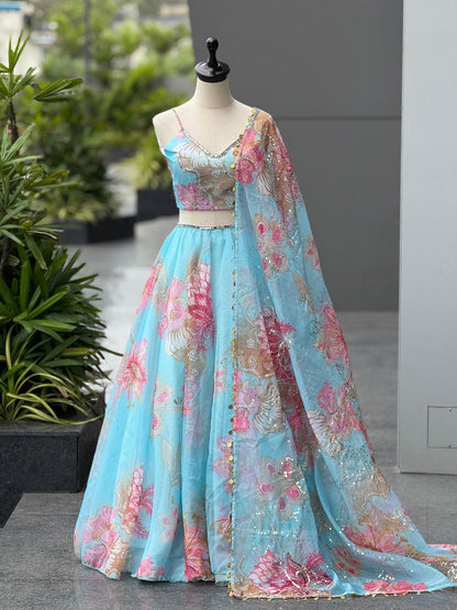 Designer Party Wear Lehenga Choli – Sky Blue Pure Organza | Anarkalion