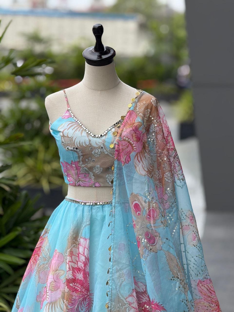Designer Party Wear Lehenga Choli – Sky Blue Pure Organza | Anarkalion