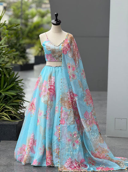 Designer Party Wear Lehenga Choli – Sky Blue Pure Organza | Anarkalion