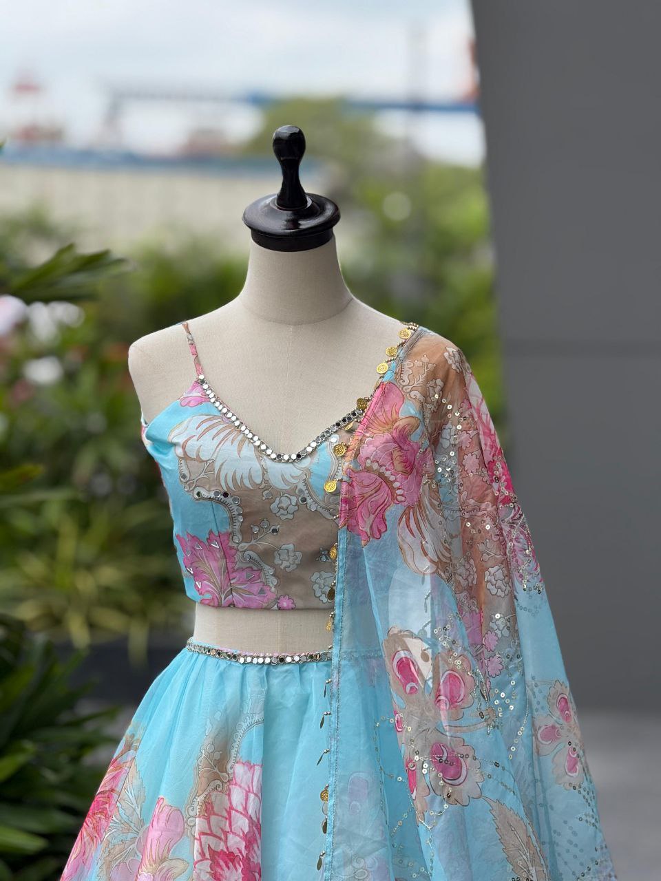 Designer Party Wear Lehenga Choli – Sky Blue Pure Organza | Anarkalion