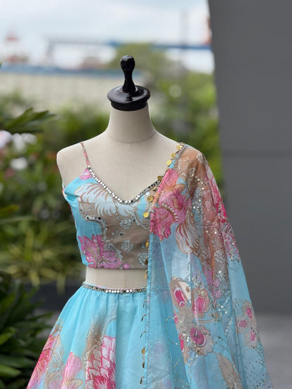 Designer Party Wear Lehenga Choli – Sky Blue Pure Organza | Anarkalion