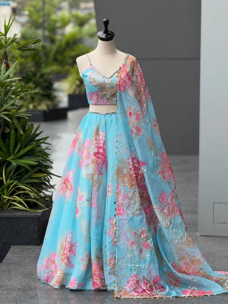 Designer Party Wear Lehenga Choli – Sky Blue Pure Organza | Anarkalion