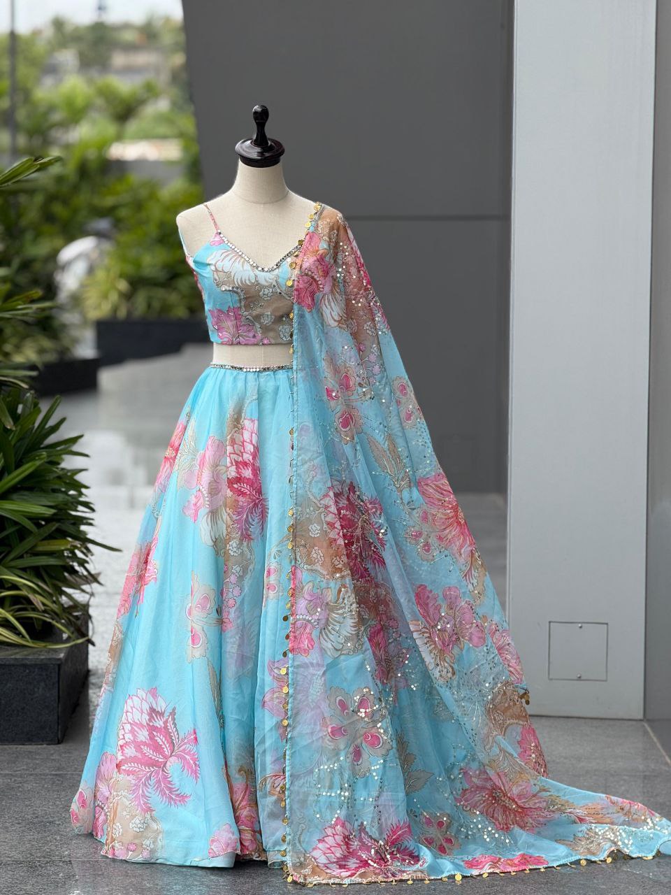 Designer Party Wear Lehenga Choli – Sky Blue Pure Organza | Anarkalion