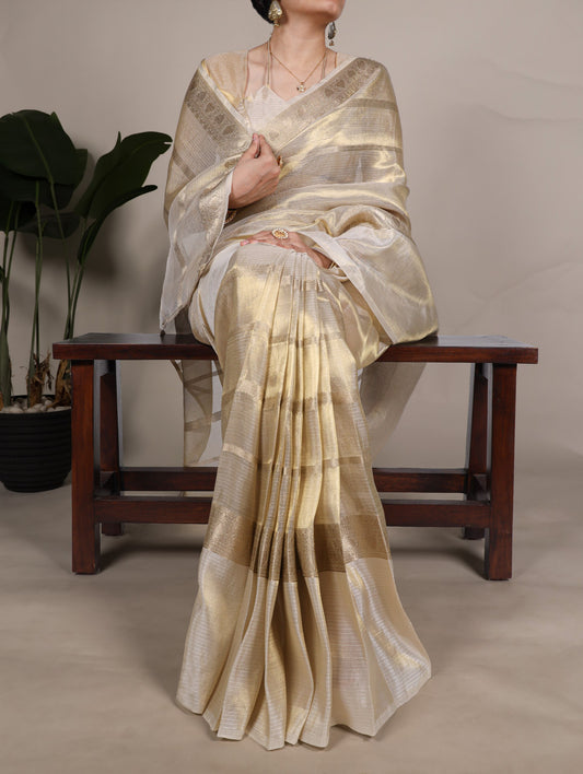 Gold Tissue Zari Weaving Saree with Unstitched Blouse