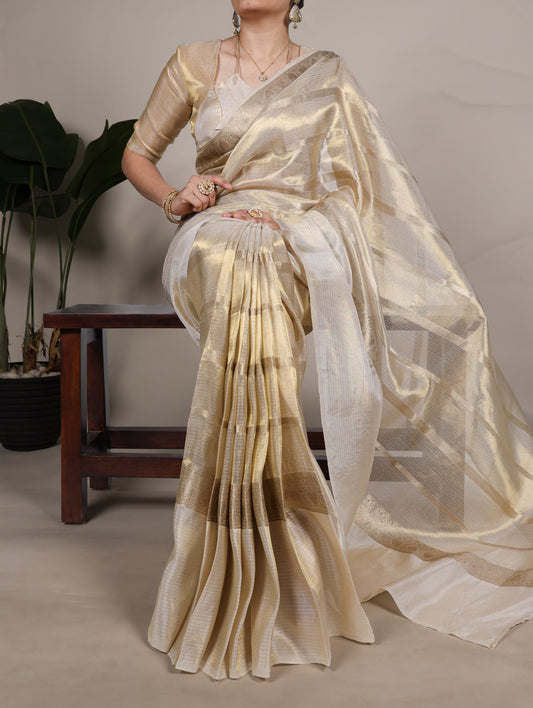 Gold Tissue Zari Weaving Saree with Unstitched Blouse