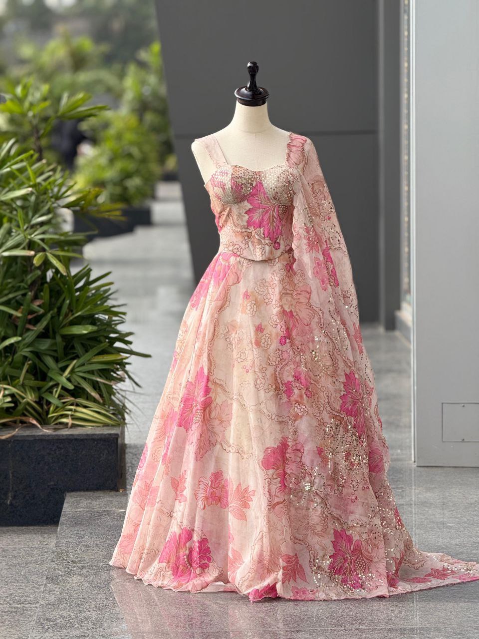Party Wear Lehenga Choli – Pink Pure Organza | Anarkalion