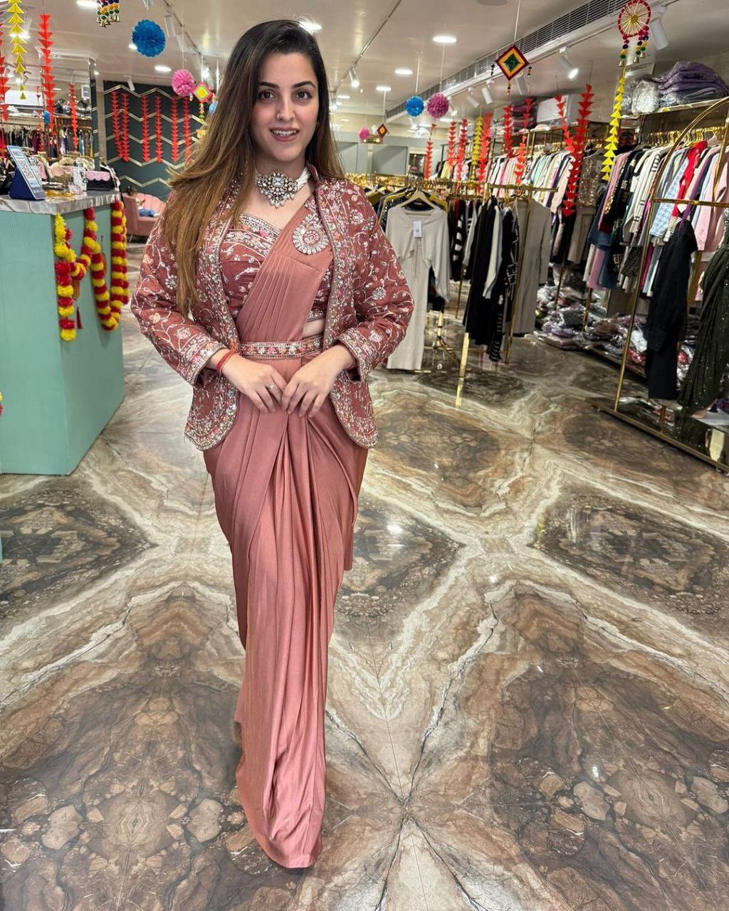 Unique Ready To Wear Satin Silk Saree Stitched Blouse & Koti (Pink)
