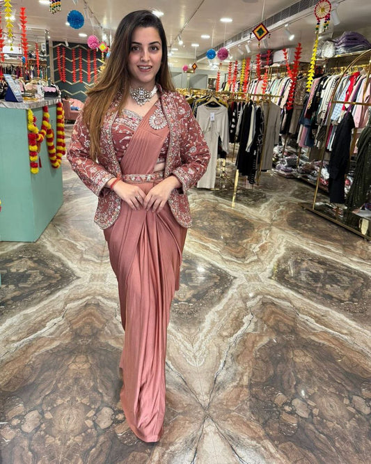 Unique Ready To Wear Satin Silk Saree Stitched Blouse & Koti (Pink)