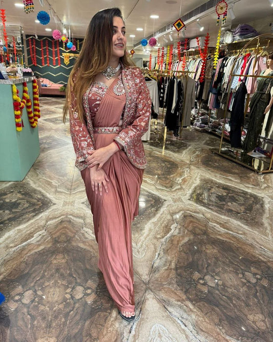 Unique Ready To Wear Satin Silk Saree Stitched Blouse & Koti (Pink)