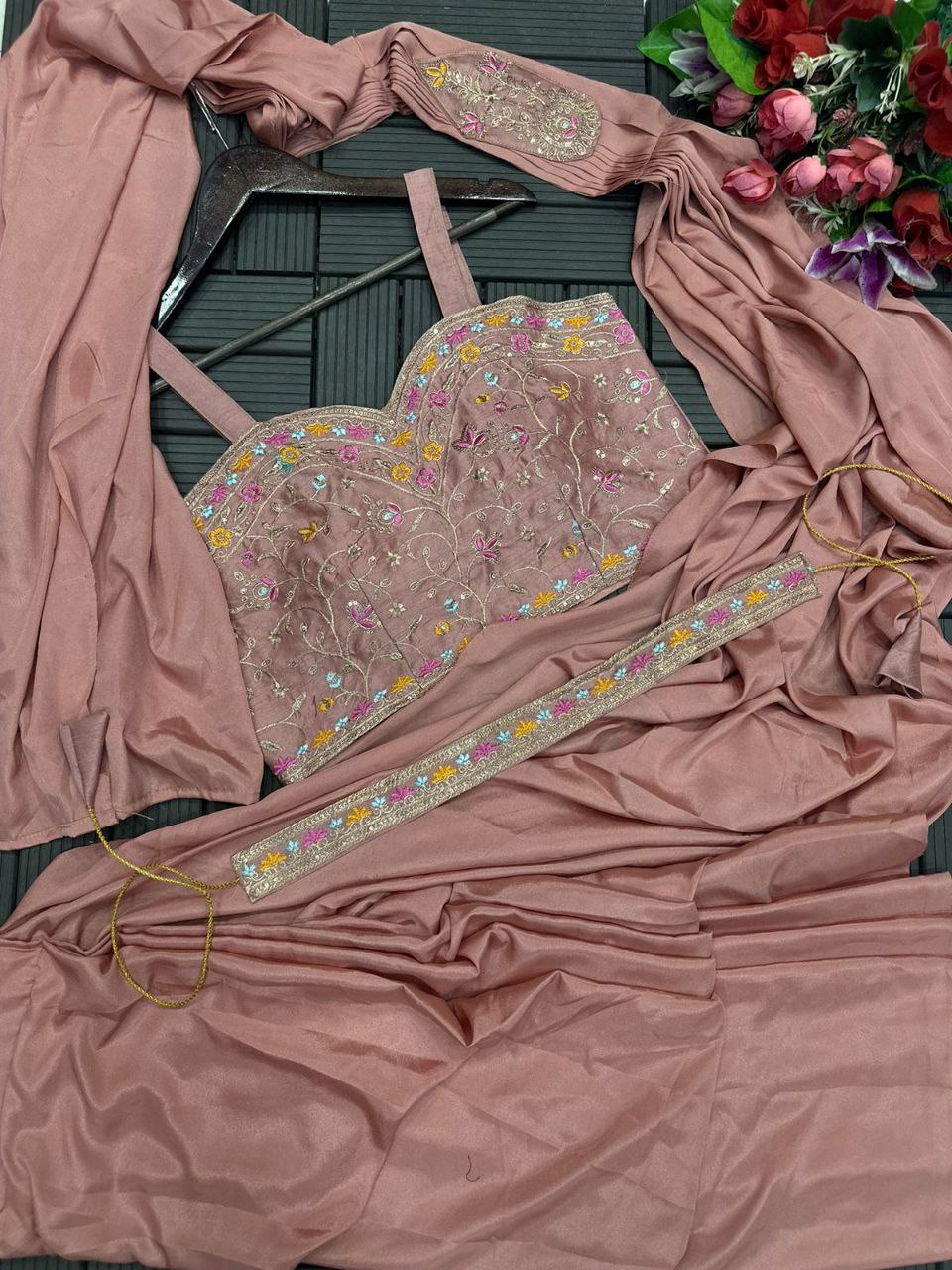 Unique Ready To Wear Satin Silk Saree Stitched Blouse & Koti (Pink)
