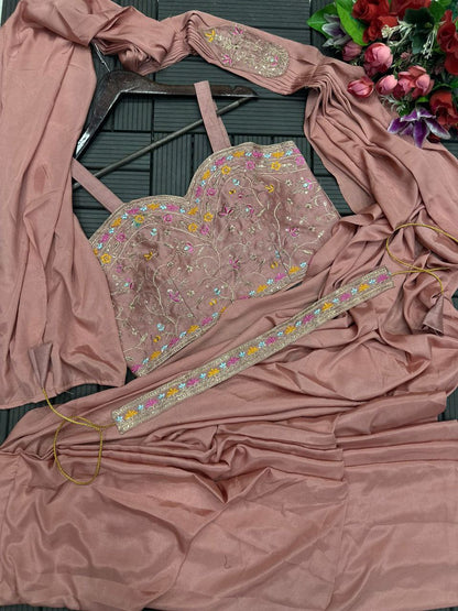 Unique Ready To Wear Satin Silk Saree Stitched Blouse & Koti (Pink)