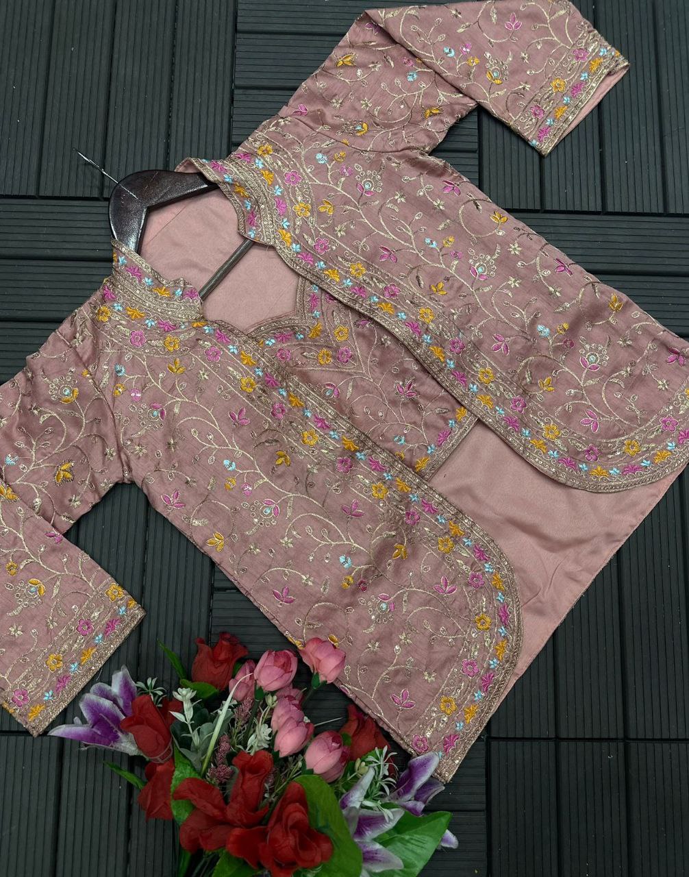 Unique Ready To Wear Satin Silk Saree Stitched Blouse & Koti (Pink)
