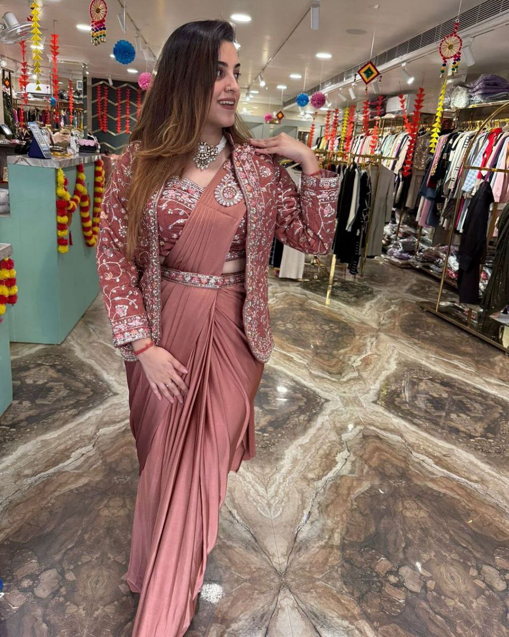 Unique Ready To Wear Satin Silk Saree Stitched Blouse & Koti (Pink)