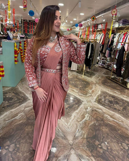 Unique Ready To Wear Satin Silk Saree Stitched Blouse & Koti (Pink)