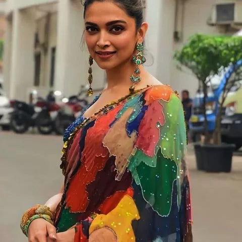 Deepika Padukone Designer Digitel Prinit Stone Work Party Wear Saree (Multi Colour)