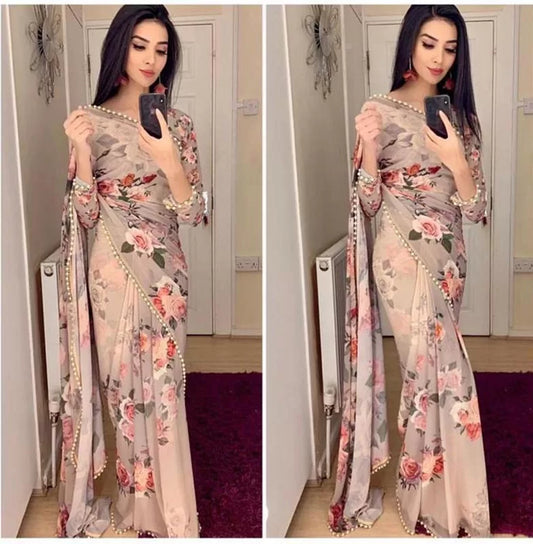 Designer Cream Colour Georgette Printed With Pearl Lace Saree