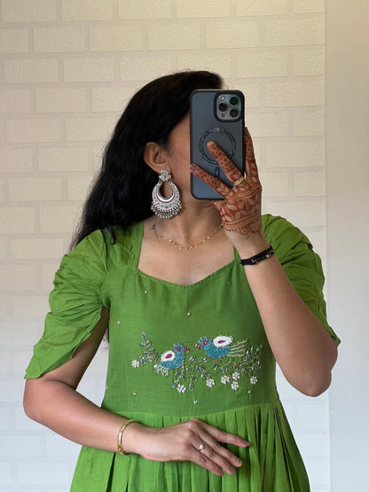 New Green Color Pure Mul Cotton Hand Maggam work Kurti