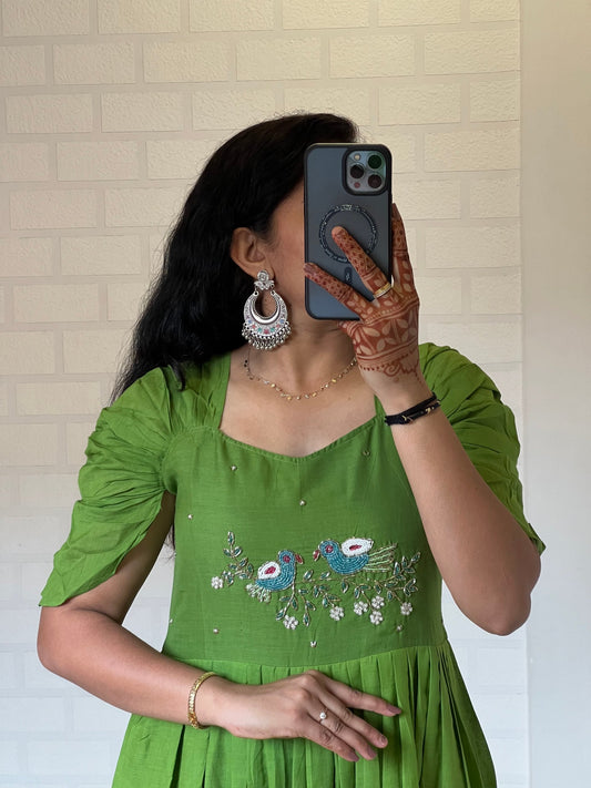 New Green Color Pure Mul Cotton Hand Maggam work Kurti