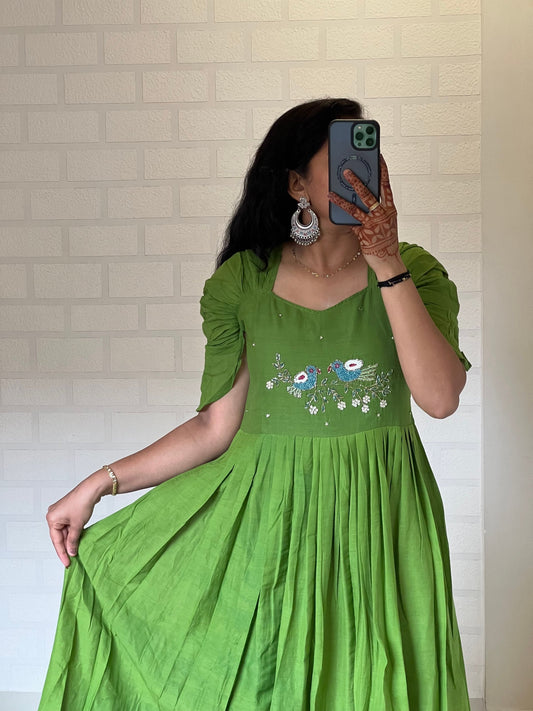 New Green Color Pure Mul Cotton Hand Maggam work Kurti