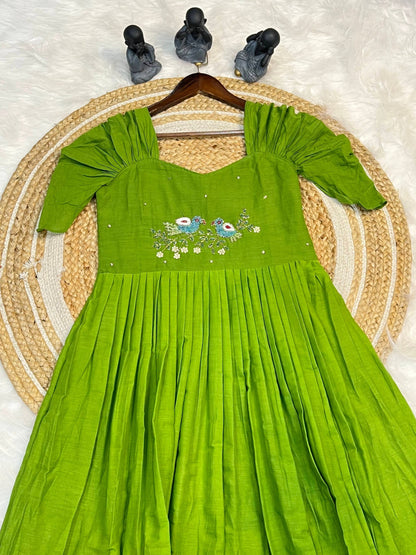New Green Color Pure Mul Cotton Hand Maggam work Kurti