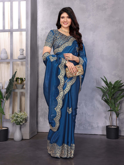 New Blue Color Chiffon Embroidery Work Party Wear Saree